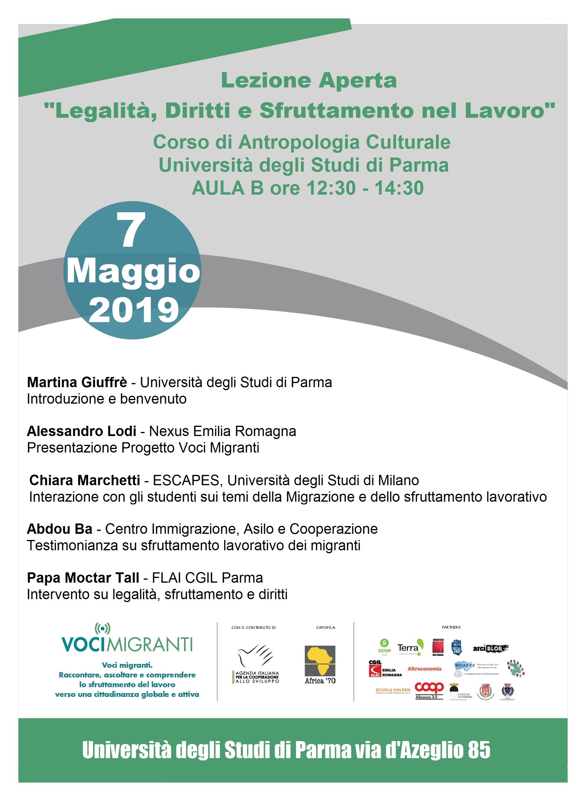 Voci migranti: Lezione aperta “Legalità, diritti e sfruttamento nel lavoro”, Parma 7 maggio