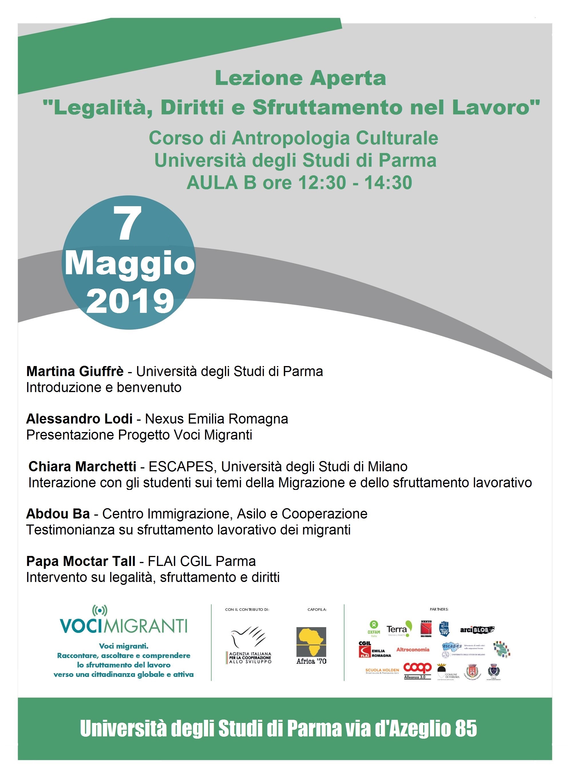 Voci migranti: Lezione aperta “Legalità, diritti e sfruttamento nel lavoro”, Parma 7 maggio