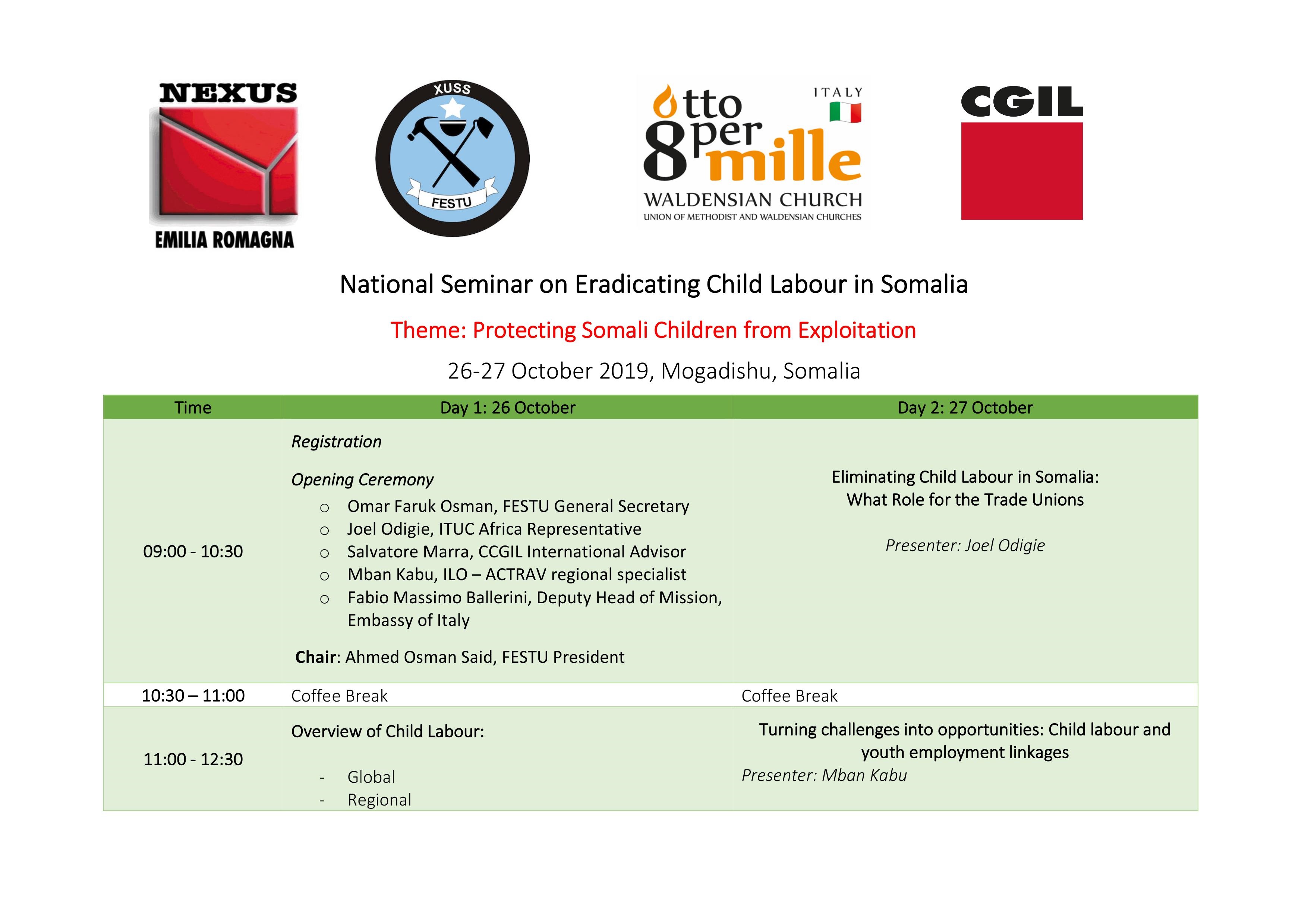 Seminario nazionale sull’eliminazione del lavoro minorile in Somalia, 26-27 ottobre Mogadiscio