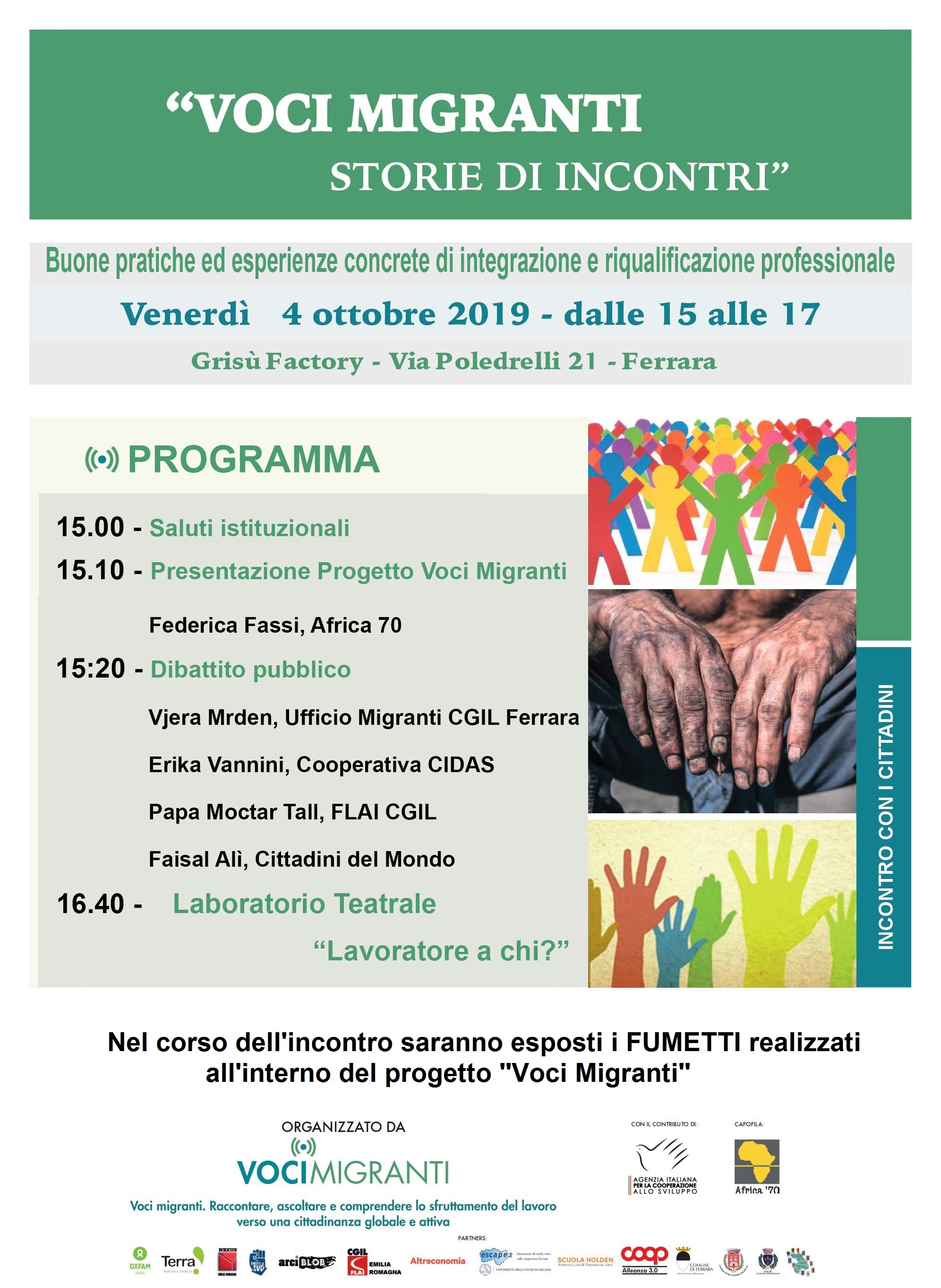 Voci Migranti “Storie di incontri”, 4 ottobre 2019 Ferrara, Grisù Factory ore 15