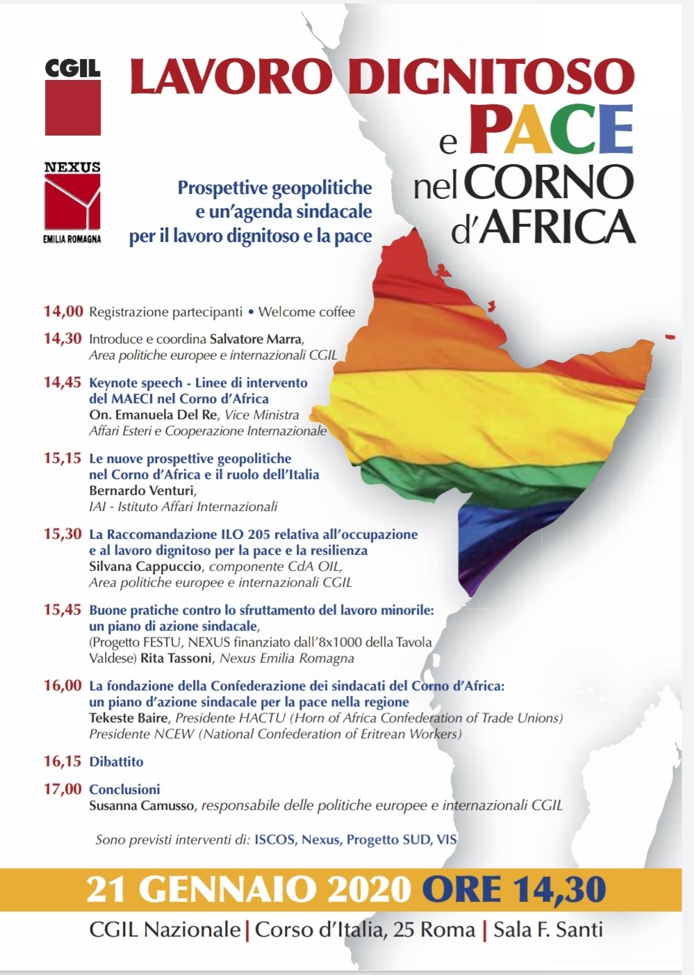 Cgil nazionale, Nexus ER: Lavoro dignitoso e pace nel Corno d’Africa, Roma 21 gennaio 2020